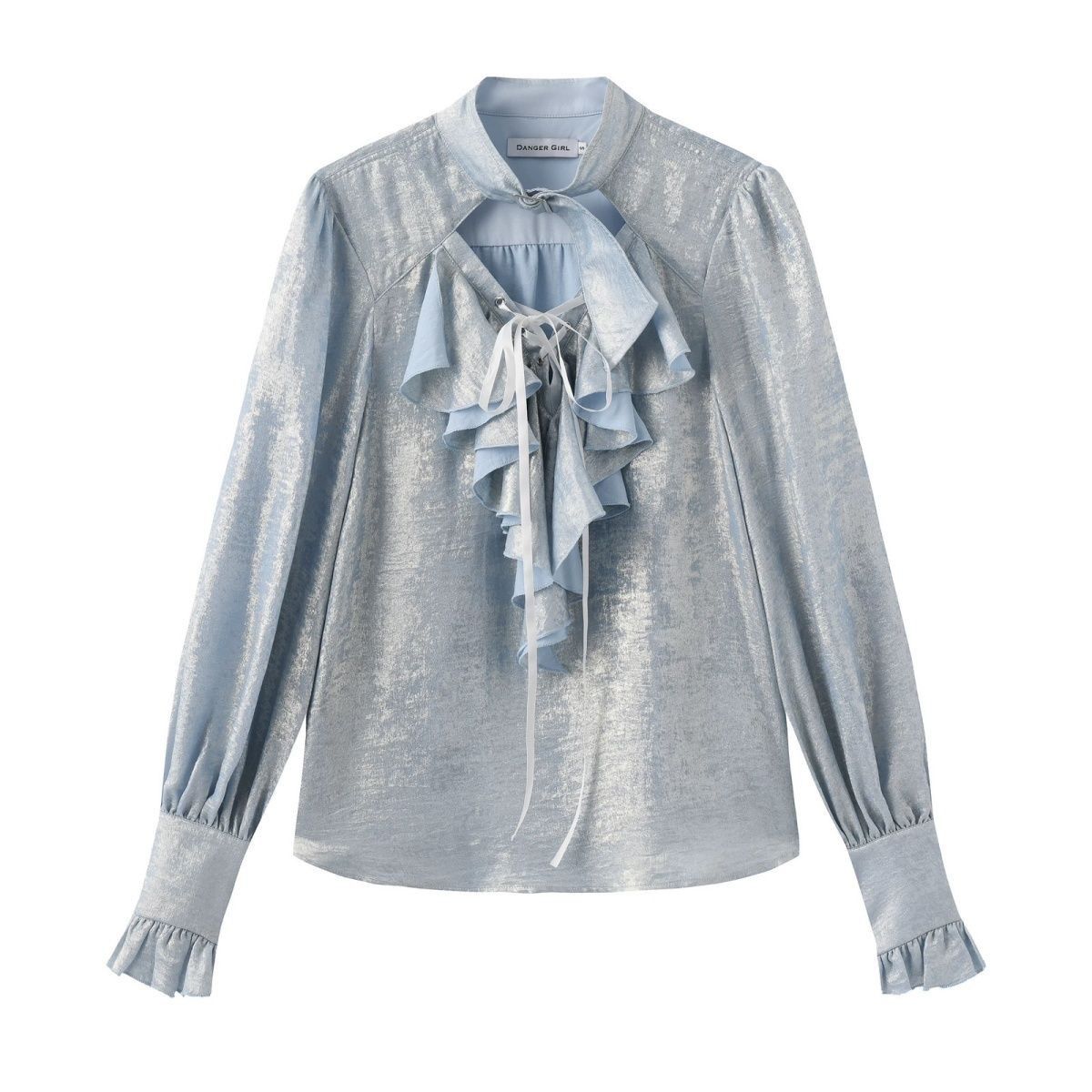 Puff Sleeve Blouse - 일본식 스위트 쿨 러플 트림 레이스업