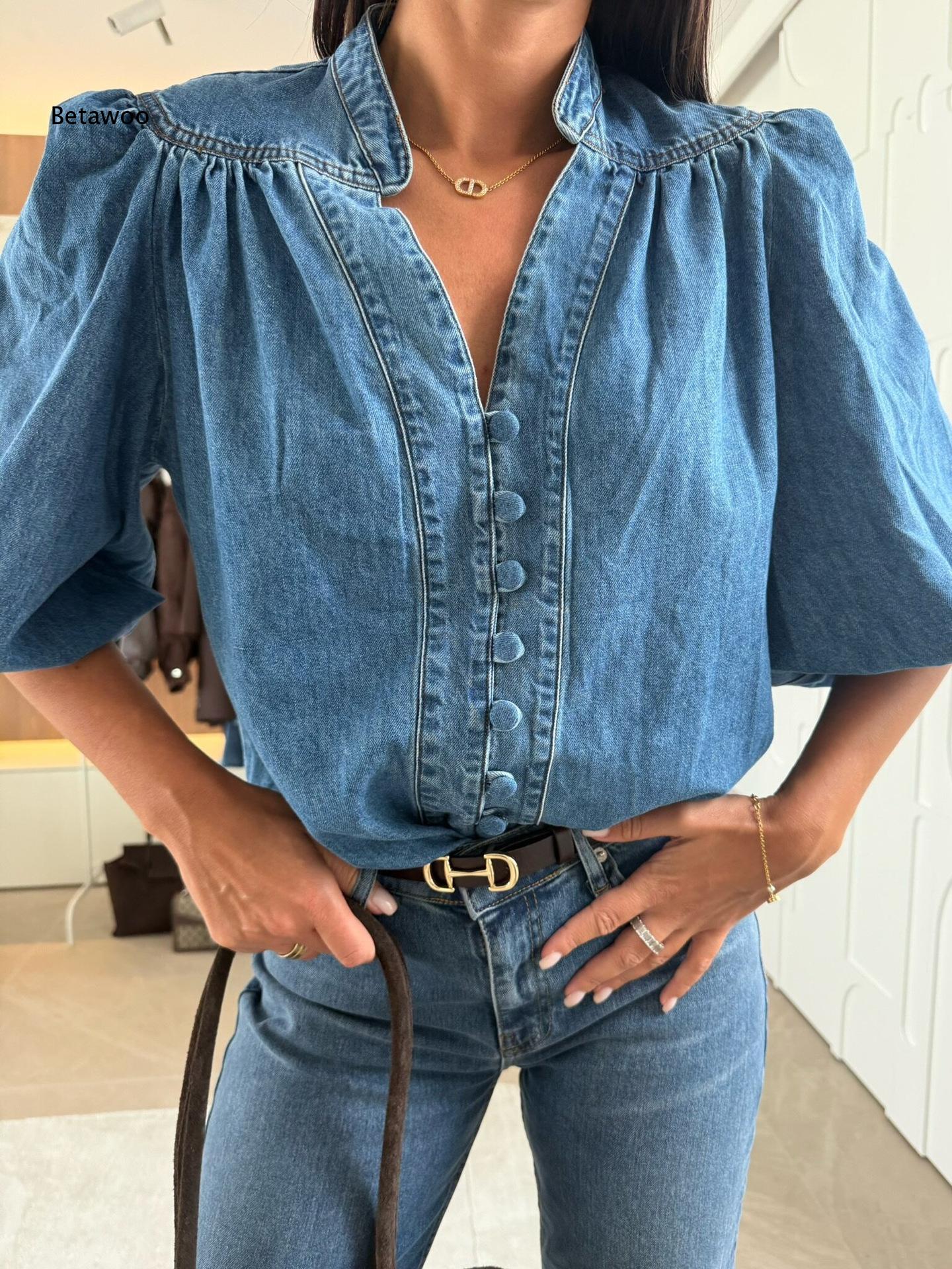 Puff Sleeve Blouse - 여성 스탠드 칼라 V넥 데님 블라우스