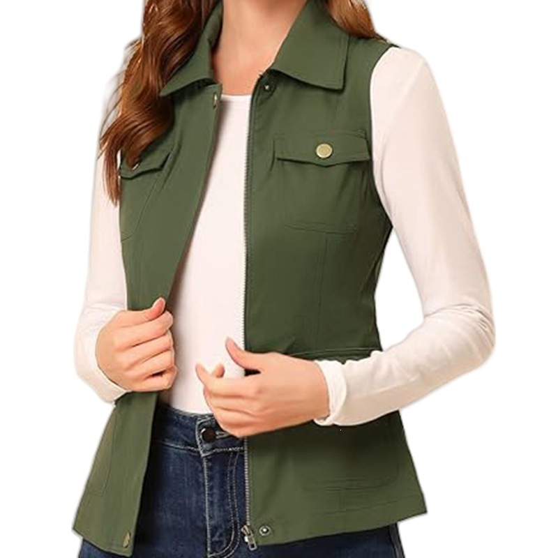 Women'S Fashion Utility Vest - 여성용 칼라 지퍼형 조끼, 소매 없는
