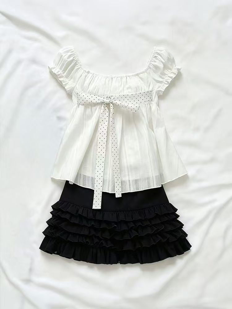 귀여운 한국 패션 폴카 도트 리본 퍼프 슬리브 화이트  - Puff Sleeve Blouse 리뷰 및 가격