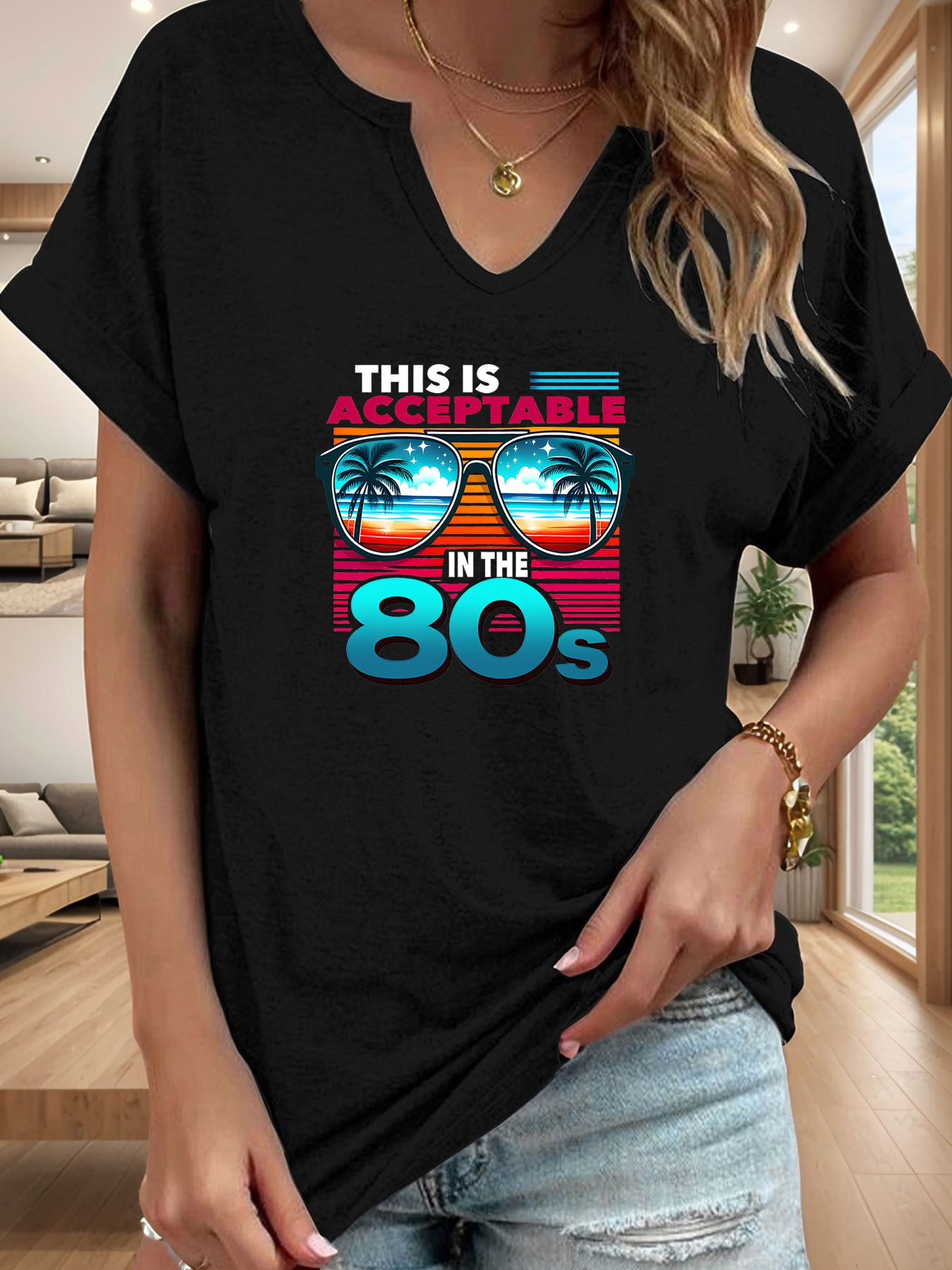 80년대 네온 그라데이션 비치 선글라스 프린트 티셔츠, - Women'S Fashion In The 80S 리뷰 및 가격