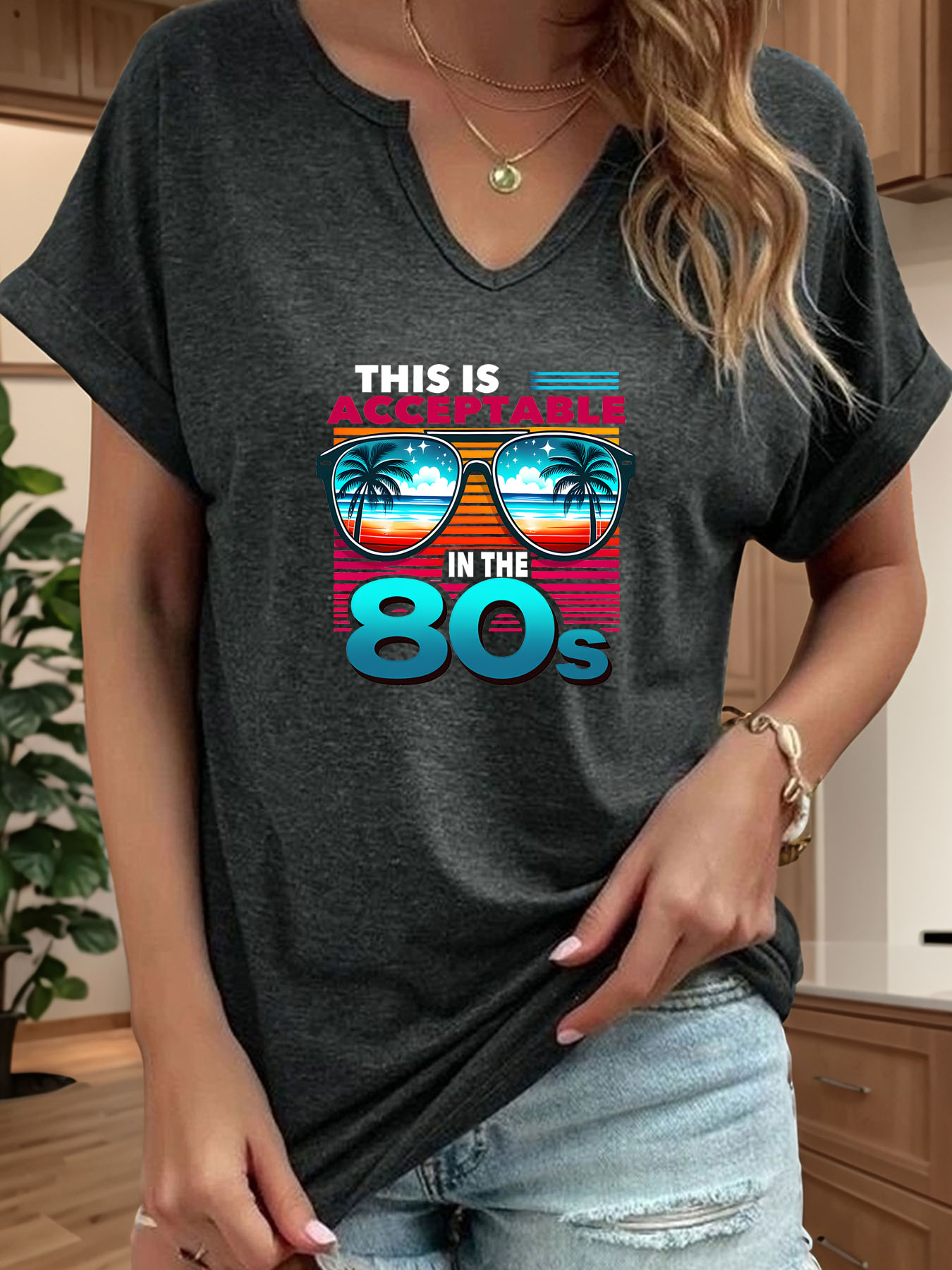 80년대 네온 그라데이션 비치 선글라스 프린트 티셔츠, - Women'S Fashion In The 80S 리뷰 및 가격