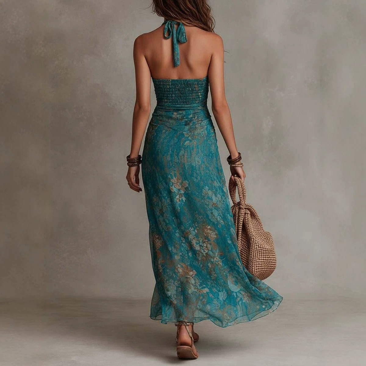 여성용 홀터 딥 V 프린트 스플릿 보호 드레스 봄 여름 - Maxi Dress Boho 리뷰 및 가격