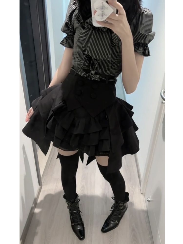 일본 고딕 로리타 서브컬쳐 3피스 세트 여성 여름 슬림 - Puff Sleeve Blouse 리뷰 및 가격